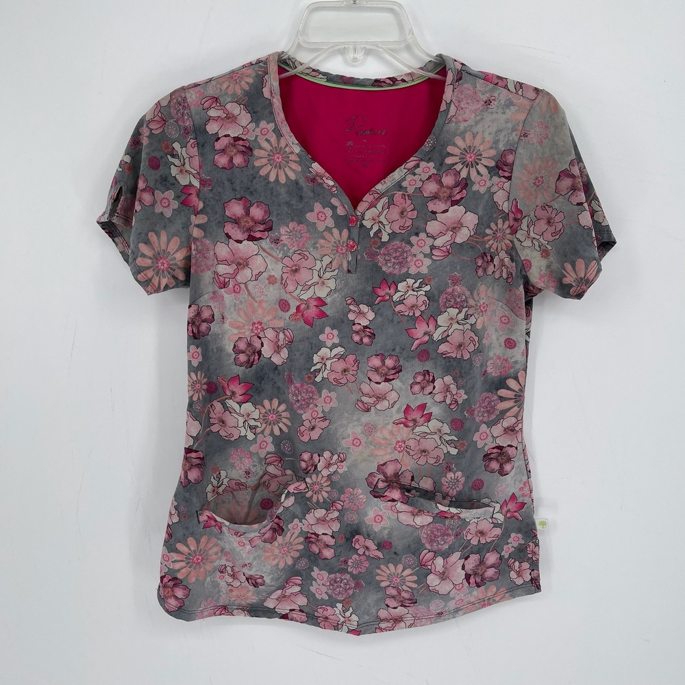 Healing Hands Women's Pink Floral Print V-Neck Short Sleeve Scrub Top Size XS